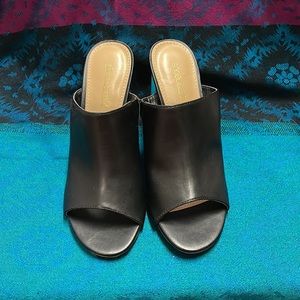 Black Faux-Leather Mules with Clear Heels